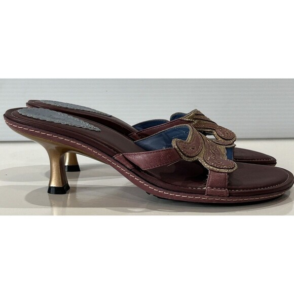 Clarks Indigo Purple Leather Open Toe Sandals Gold Kitten Heels Embroidered 9 - Picture 2 of 10